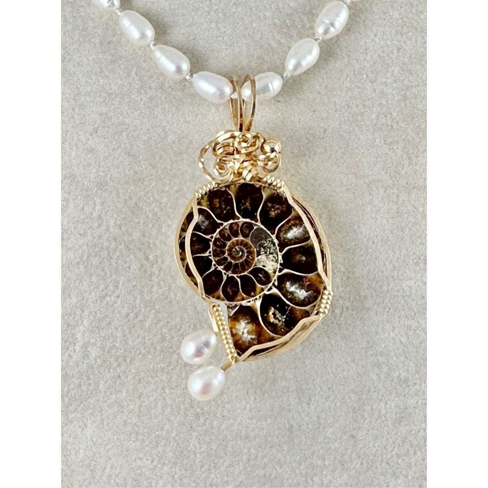 Handmade 14K Gold Filled Wire Wrapped Ammonite Fossil Stone Shell with Freshwate